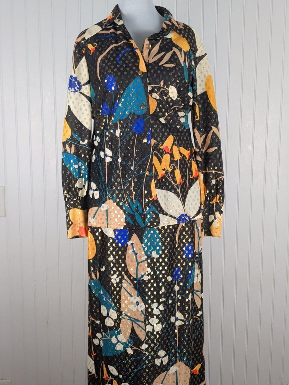VTG 70s Leslie Fay 2-Piece Maxi Skirt Set Floral Shimmer Gold Lurex